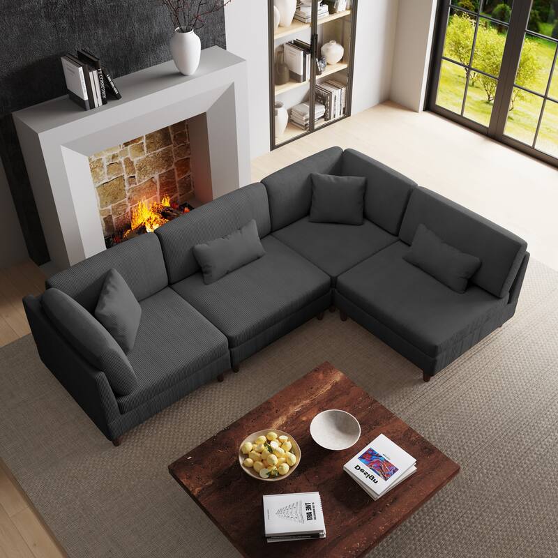 4-Piece Modern Corduroy Modular Sectional Sofa with pillows For Living Room - Grey