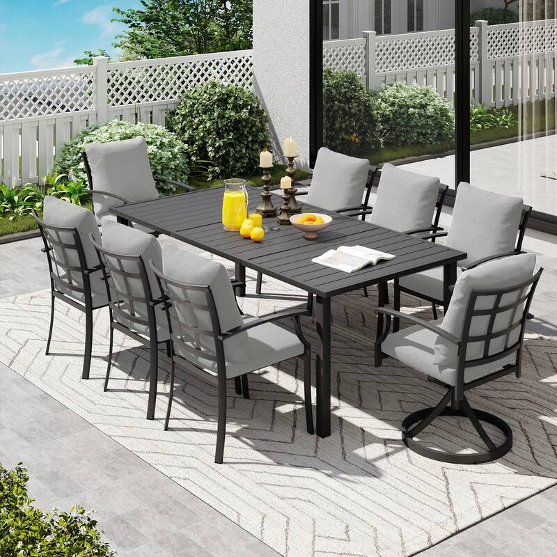 IvyGlow 9-Piece Black Metal Patio Dining Set with Rectangular Table, 2 Swivel Dining Chairs and Gray Cushions