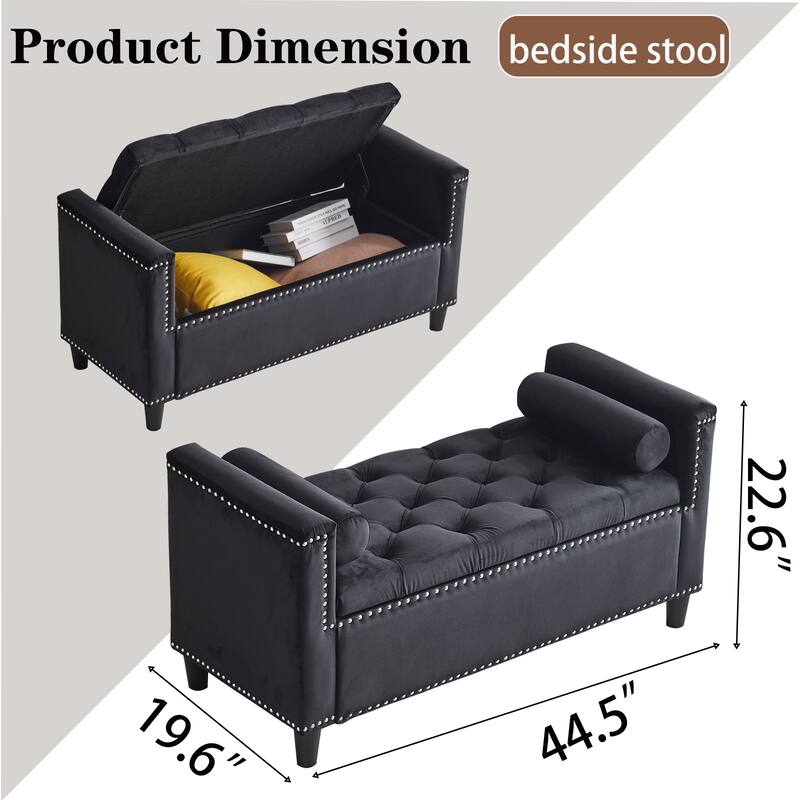 Storage Bench, Queen Velvet Button Bedside Bench, Entryway Living Room with Armrests, Nailhead Trim, Upholstered Bedroom Bench