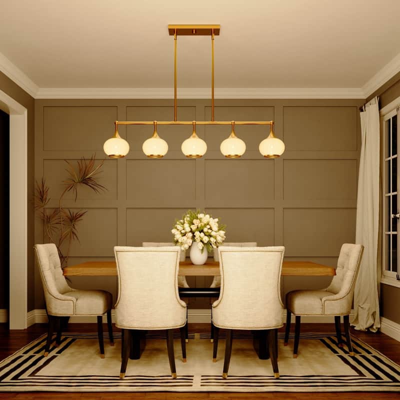 Acroma 5-light Modern Linear Chandelier with Opal Glass Globe Shade Kitchen Island Light