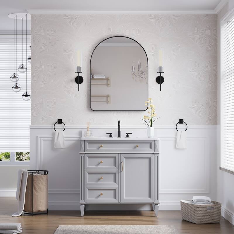 24 in./28 in. W x 36 in. H Bathroom Wall Mounted Arched Anodized Aluminum Framed Mirror