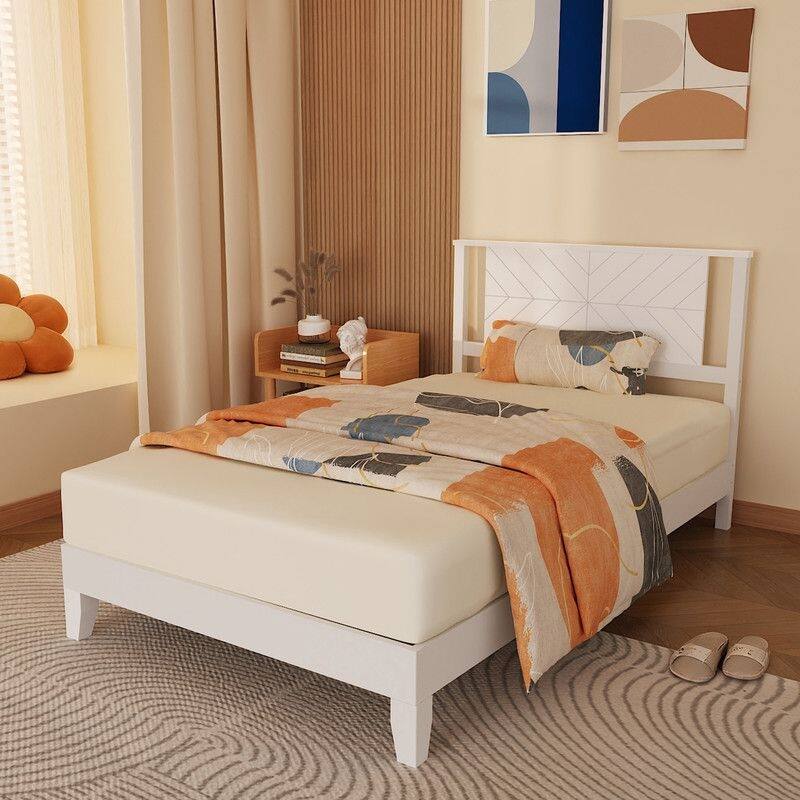 Twin Size Deluxe Bed Frame with Headboard with Solid Wood, No Box Spring Needed, Easy Assembly, White