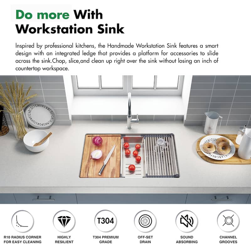 Undermount Handmade Workstation 304 Stainless Steel Kitchen Sink with grid cutting board colander drying rack and Strainer
