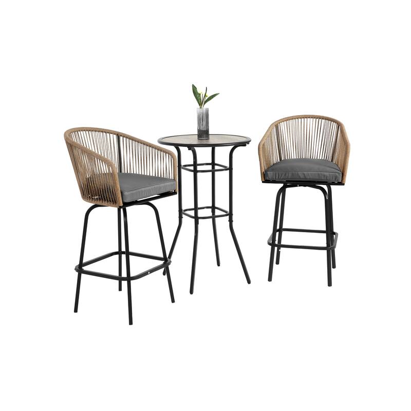 3pcs Outdoor Bar Set, Patio Bar Table and Chairs Set, Bar Height Patio Set - 2 x Swivel Bar Chairs , 1 x Round Bar Table - Grey