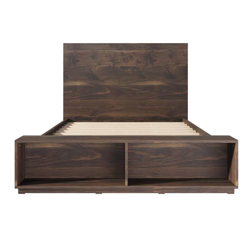 Wood Platform Bed with Two Open Shelves Storage Bench and Headboard