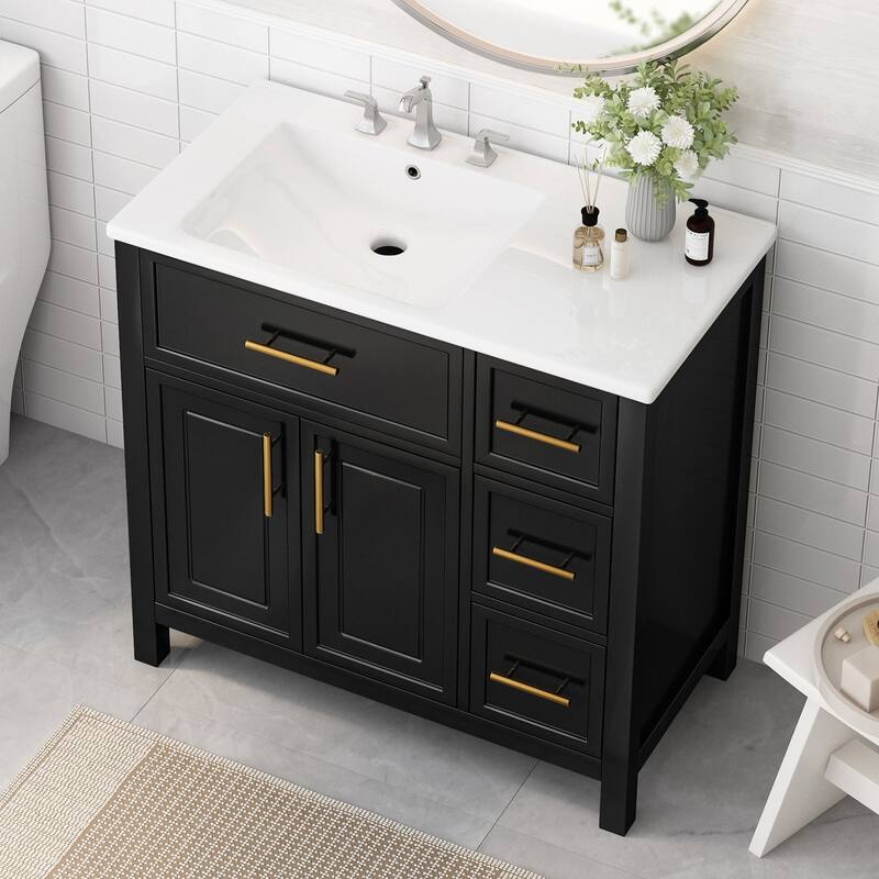 Contemporary 36" Bathroom Vanity with Sink Top,Cabinet with Two Doors and Three Drawers - Black