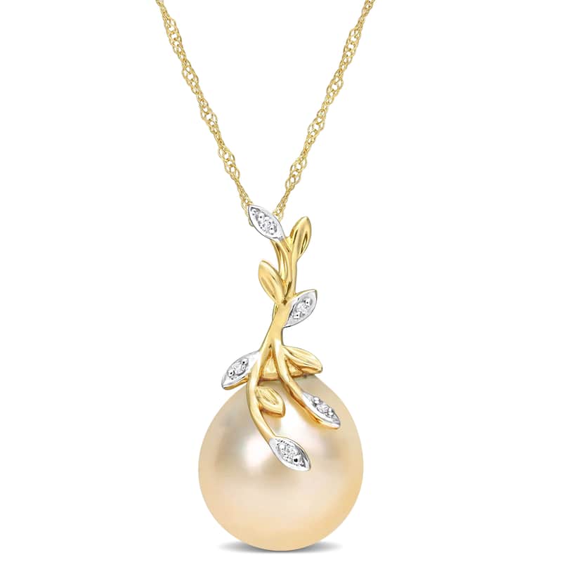 Miadora Golden South Sea Cultured Pearl & Diamond Accent Leaf Pendant in 14k Yellow Gold (12-12.5mm)