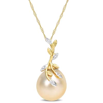 Miadora Golden South Sea Cultured Pearl & Diamond Accent Leaf Pendant in 14k Yellow Gold (12-12.5mm)