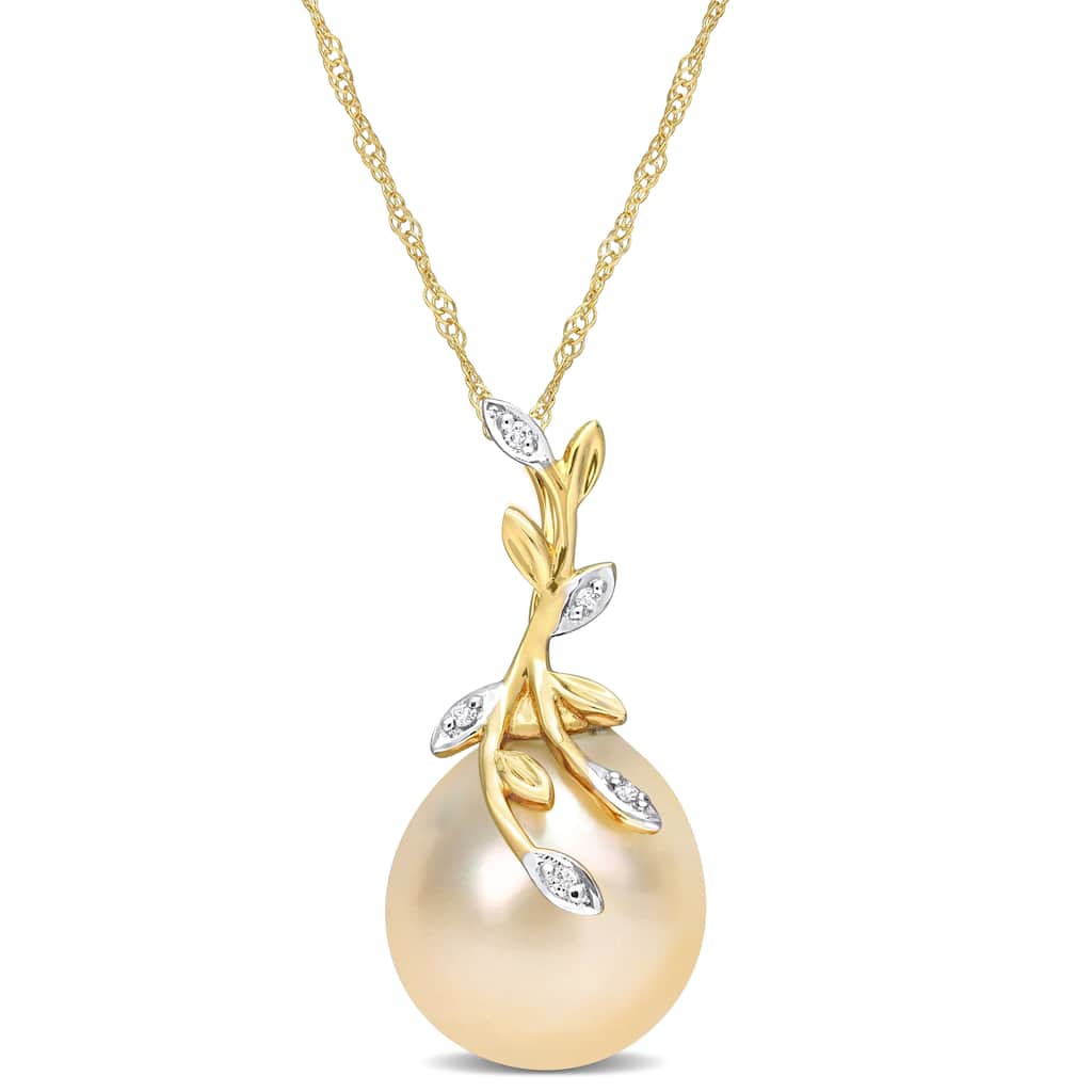 Miadora Golden South Sea Cultured Pearl & Diamond Accent Leaf Pendant in 14k Yellow Gold (12-12.5mm)