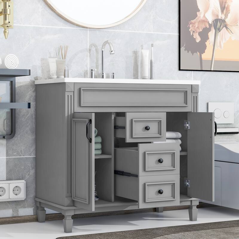 36" Modern Bathroom Vanity with Resin Sink, 2 Soft-Close Doors, 2 Drawers, & Cabinet Storage