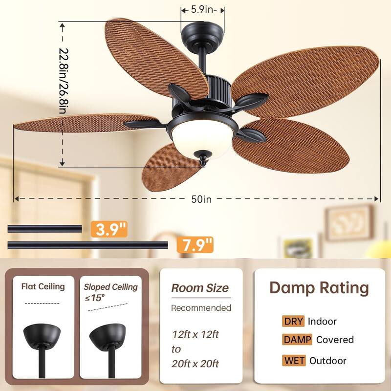 50 Inch Tropical Ceiling Fan with Llight Brown Palm Leaf Blades Glass Light Cover - 50 Inches