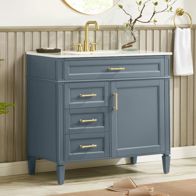 Modern 36" Freestanding Bathroom Vanity Cabinet Wood Frame with Ceramic Sink and Divided Drawers - Grey