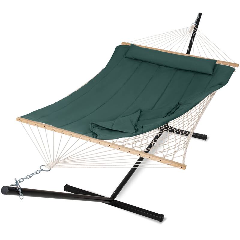 Rope Hammock with Detachable Pillow and Pad, 12FT Steel Stand Included - Dark Green