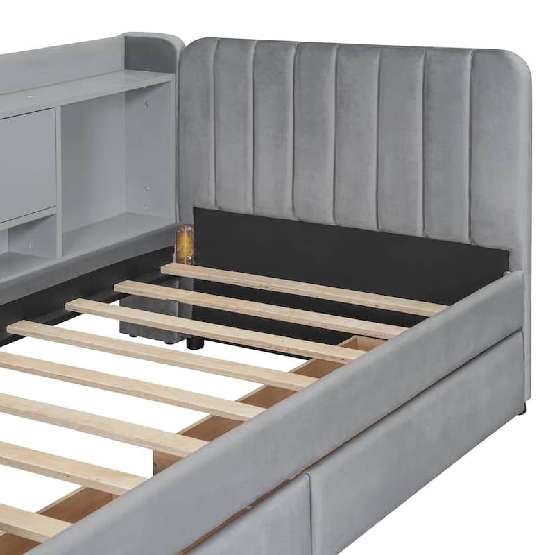 Twin Size Upholstered Daybed with Drawers, Shelves, Flip Cabinets & Side Table