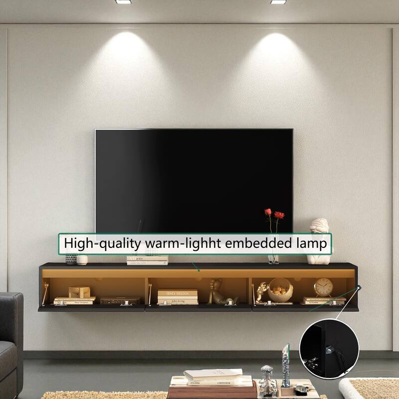 Floating TV Stand with LED Lights & Power Outlet, 65" Wall Mounted High Gloss Media Console with Storage Shelves