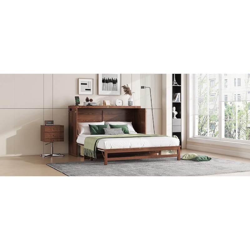 Roomfitters Queen Murphy Bed Cabinet with Storage Compartment, Charging Station with USB, Solid Pine Wall Bed