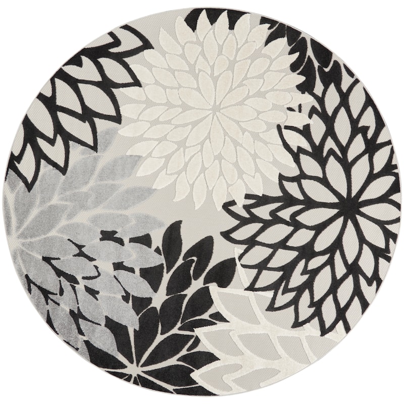 Nourison Aloha Floral Modern, Indoor/Outdoor Area Rug - 4' x Round - Black/White
