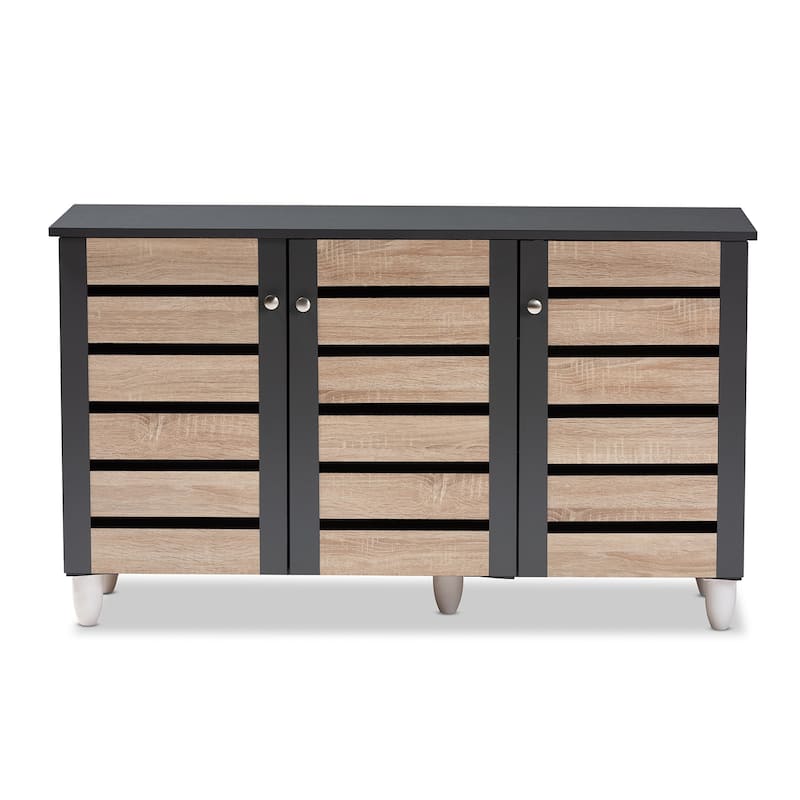 Contemporary 3-door Slatted Wood 14-pair Shoe Storage Cabinet