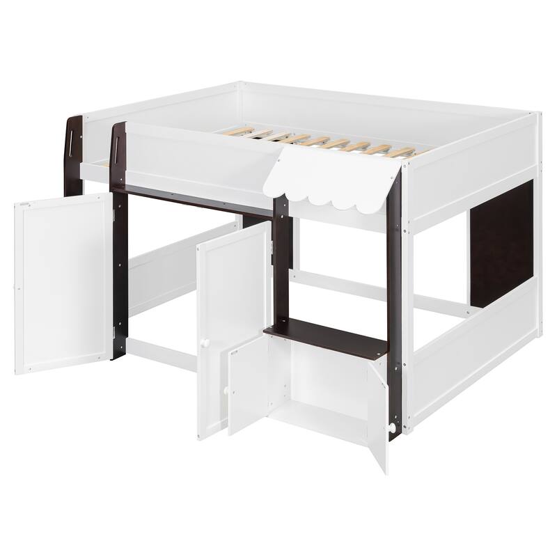 Full Loft House Bed with Playhouse & Storage, Modern Wood Cabin Bed for Kids