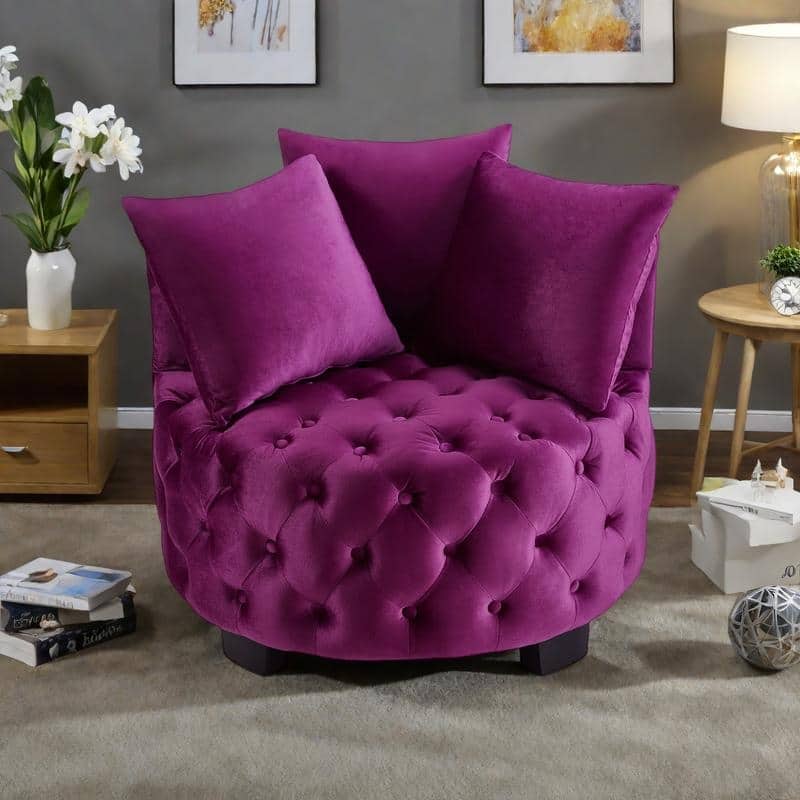 Velvet Tufted Accent Chair with Crescent Backrest and Solid Wood Frame