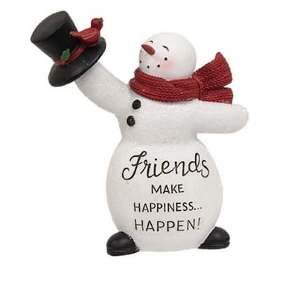 Carved Resin Snowman Decoration with Hand-Painted Details and Top Hat Bird Accent Seasonal Table Accent