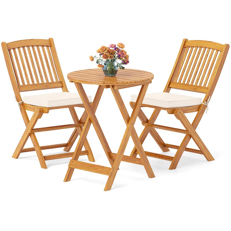 Costway 3 PCS Acacia Wood Patio Bistro Set Folding Table & Chairs Set - See Details