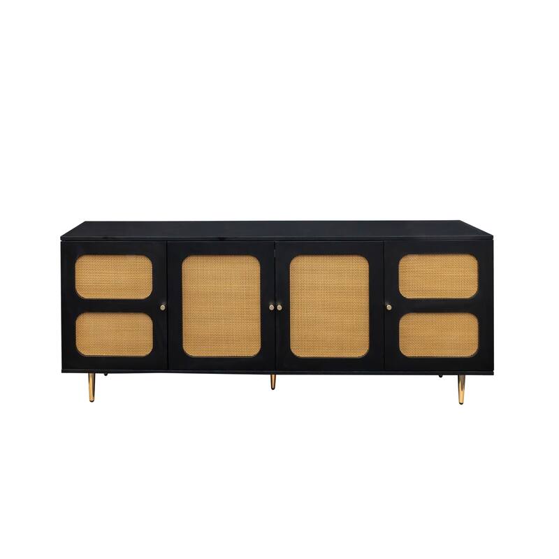 Black 70" TV Stand with Adjustable Shelves & Rattan Doors
