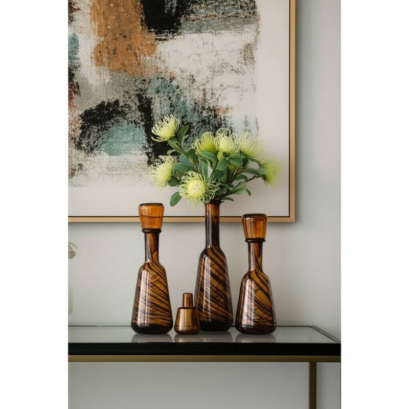 Set of Three Amber Abstract Swirl Glass Decorative Bottles With Stoppers - 14.70 - Brown/Amber - 14.70