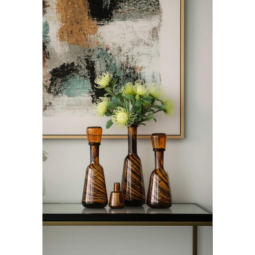 Set of Three Amber Abstract Swirl Glass Decorative Bottles With Stoppers - 14.70