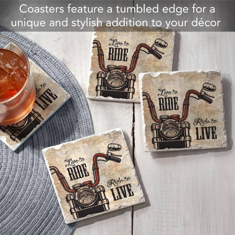 Live to Ride 4-Pack Absorbent Stone Coasters with Protective Cork Backing 4" Square Made in The USA Easily Wipes Clean