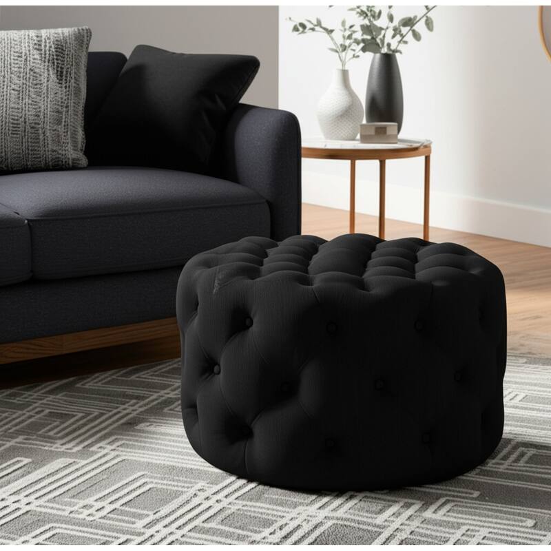 HomeRoots 33" Black Linen Tufted Round Cocktail Ottoman - Black - 33' X '17' X '33