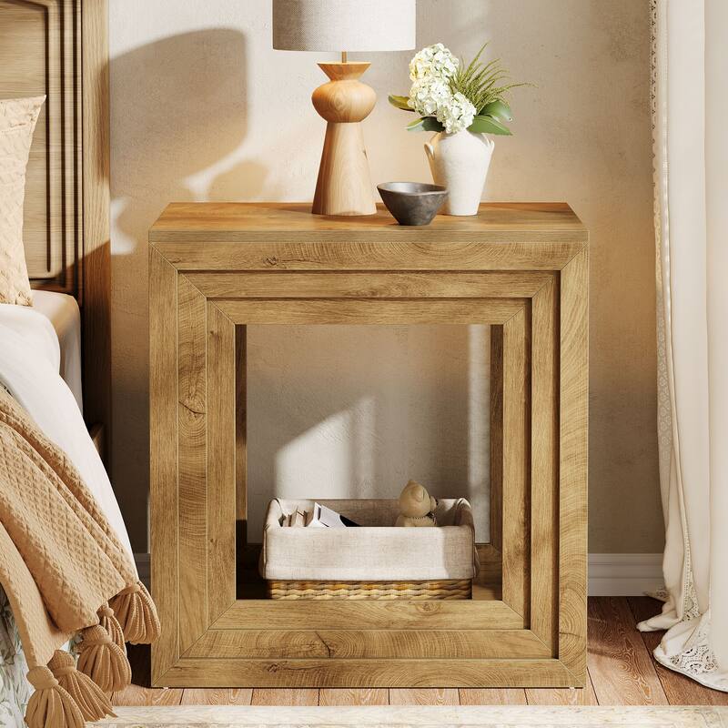 End Table with 2-Tier Storage, 24" Square Farmhouse Wooden Side Table