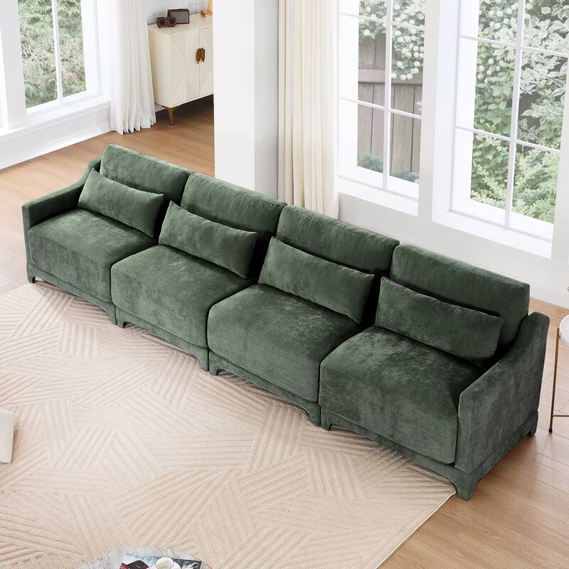 Modern Chenille 4-Seater Sofa with 2 Ottoman, Lumbar Cushions, Ergonomic Backrest, High-Resilience Spongeand Tufted Armrests