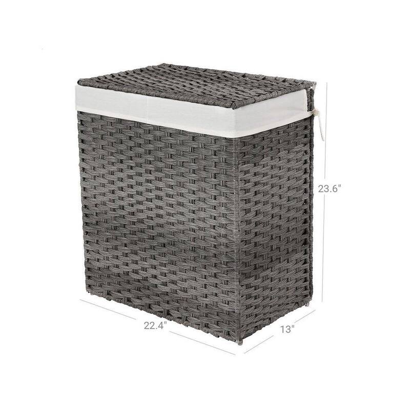 Grey Rattan Laundry Hamper with 2 Compartments, Lid and Extra Liners - 13”L x 22.4”W x 23.6”H (33 x 57 x 60 cm)