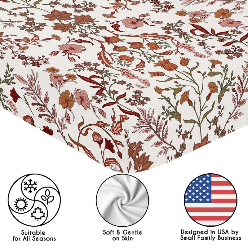 Sweet Jojo Designs Ivory & Orange Boho Vintage Floral Girl 2 Pack Fitted Crib Sheets -Solid Rust & Bohemian Wildflower Botanical