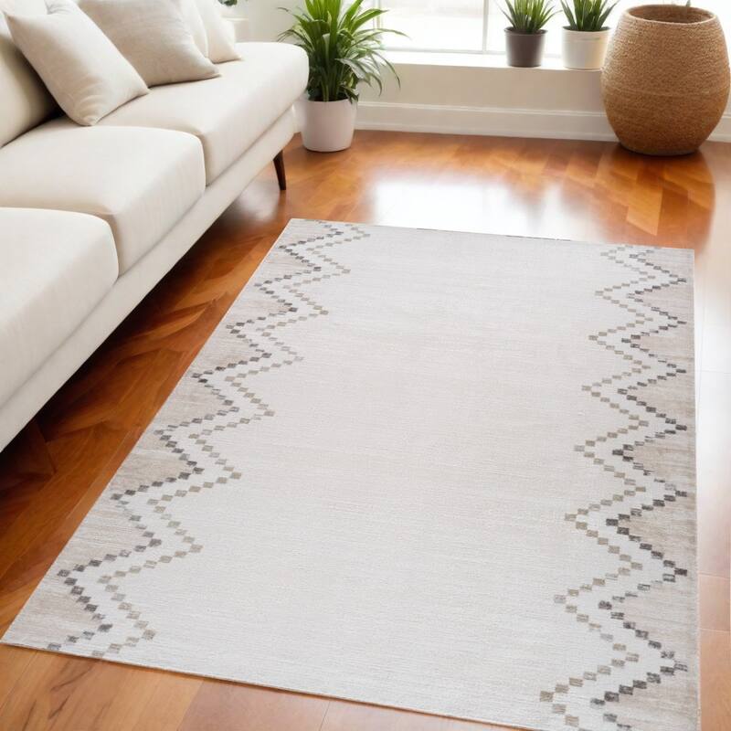Distressed Abstract Modern Stain Resistant Woven Low Pile Durable Area Rug - 5' X 8' - Cream/Onyx - Rectangle