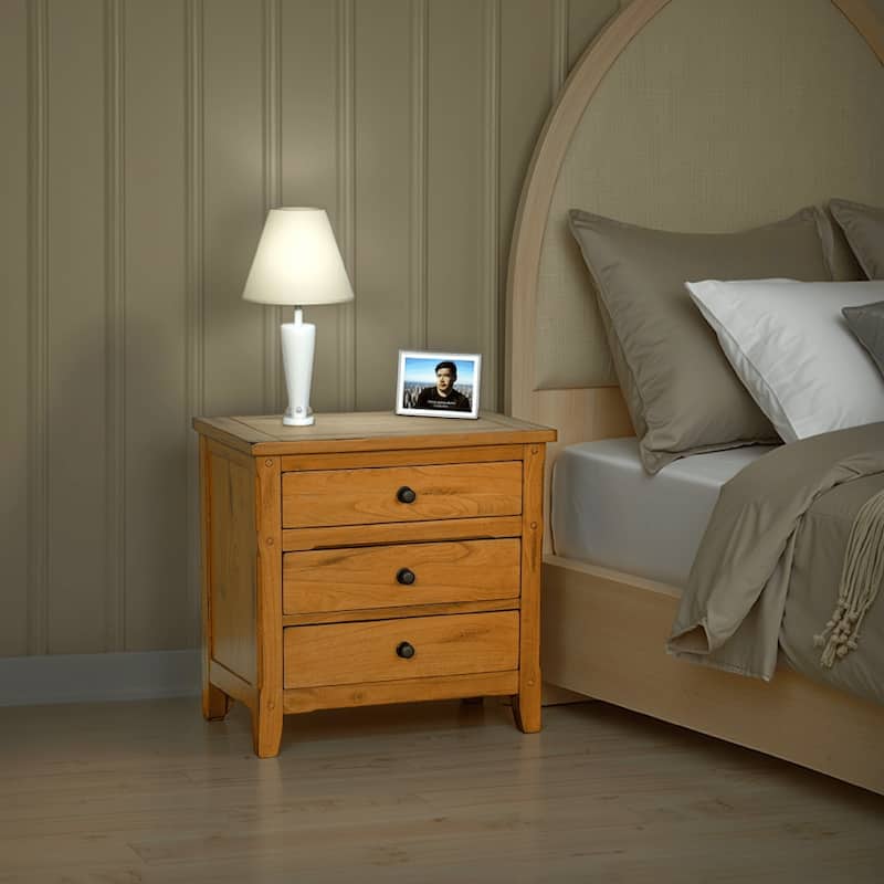 Marv Nightstand, 3 Drawers, Rustic Light Brown Solid Wood 29 Inch