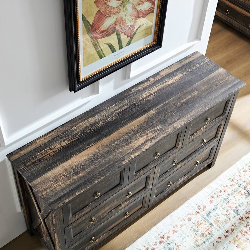 Farmhouse Style 7-Drawer Horizontal Dresser with Rustic Wood Wide Finish and Metal Ring Handle