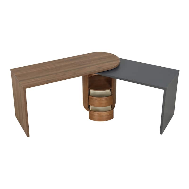 59"L Shaped Desk in Walnut with 2 Drawers,Open storage,360°Wood Rotating Desk,Executive Office Desk,Office Study Workstation