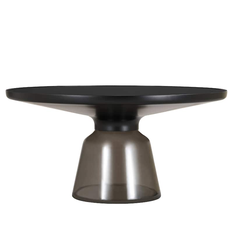 30-Inch Round Coffee Table Glass/Stone Tabletop with Black Iron Rim Frame Glass Pedestal Base