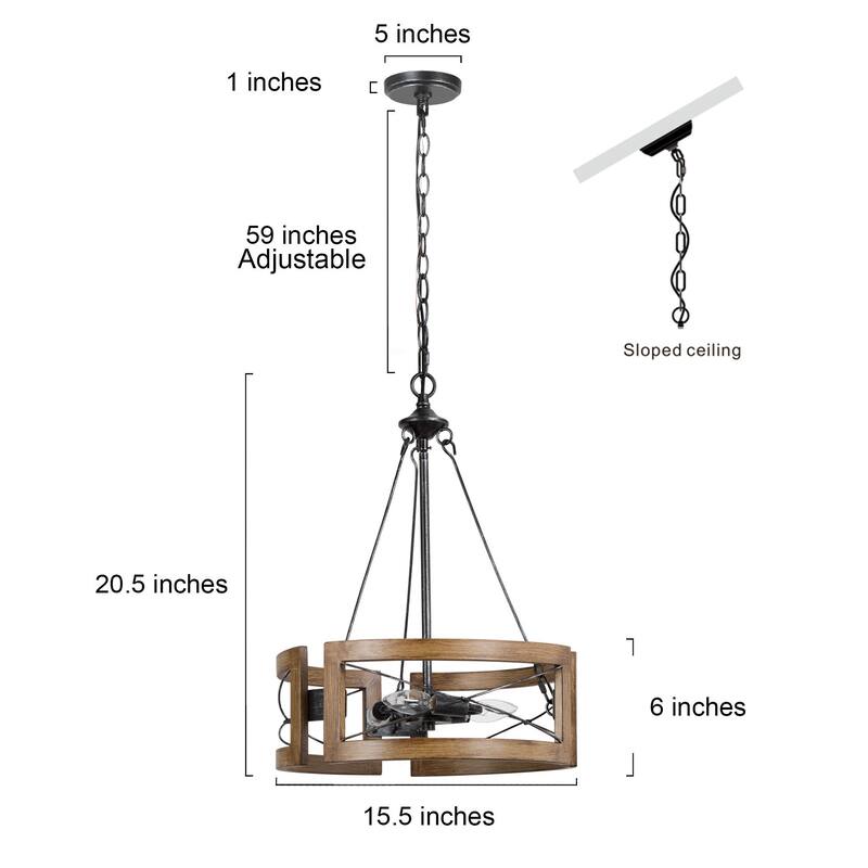 Modern Farmhouse 3-Light Drum Chandelier with Wood Grain for Dining Room - D15.5" * H 20.5"