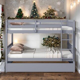 Grey Full over Full Wood Bunk Bed with Guardrails and Ladder and Twin Size Trundle