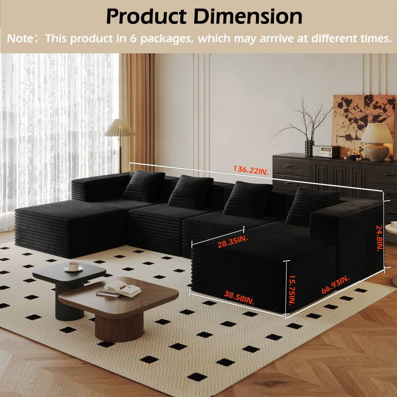 Modular Boneless Sectional Sofa, Deep Seat U-Shaped Corduroy Couch