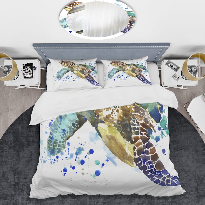 Designart 'Blue Sea Turtle Illustration' Nautical & Coastal Bedding Set - Duvet Cover & Shams