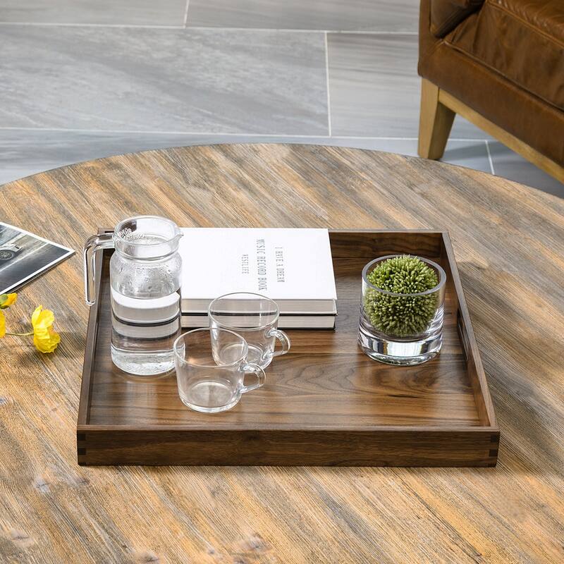 KINWELL Square Black Walnut Wood Serving Tray Ottoman Tray with Handles