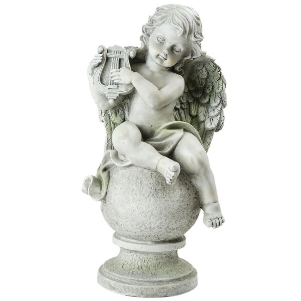 15 25 Cherub Angel Sitting On A Finial Playing Instrument 15 25 Cherub Angel Sitting On A Finial Playing Instrument Outdoor Garden Statue