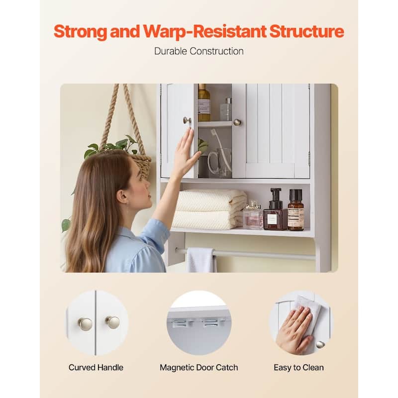 White Wall-Mounted Bathroom Cabinet with Adjustable Shelves and Multi-Layer Storage Towel Bar - 23” x 8” x 27”