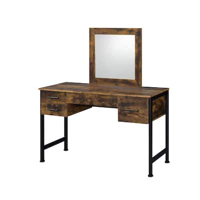 Black Oak Mirrored Vanity Table with 4 Drawers and Mirror Matte Finish - 18” D x 47” W x 53” H