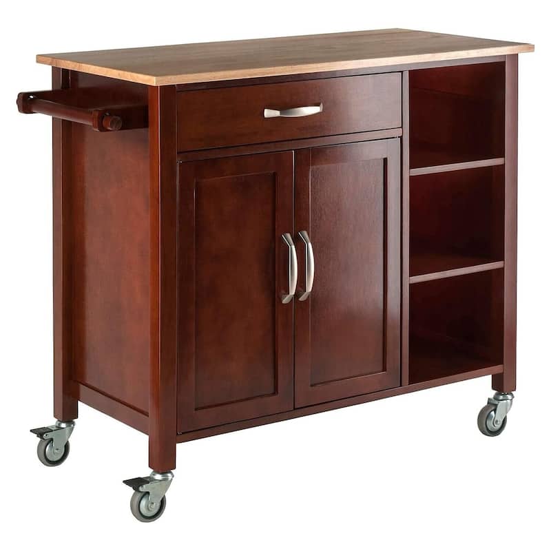 Kitchen Cart with Storage - Mobile Island, Walnut & Natural Finish, Open Shelves, Drawer, Cabinet