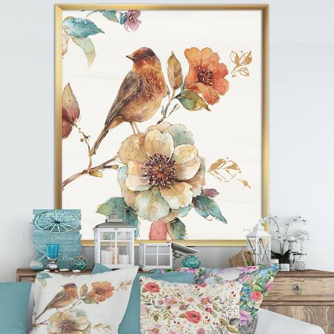 Designart 'Farmhouse Bird on Flower Branch' Traditional Premium Framed Art Print